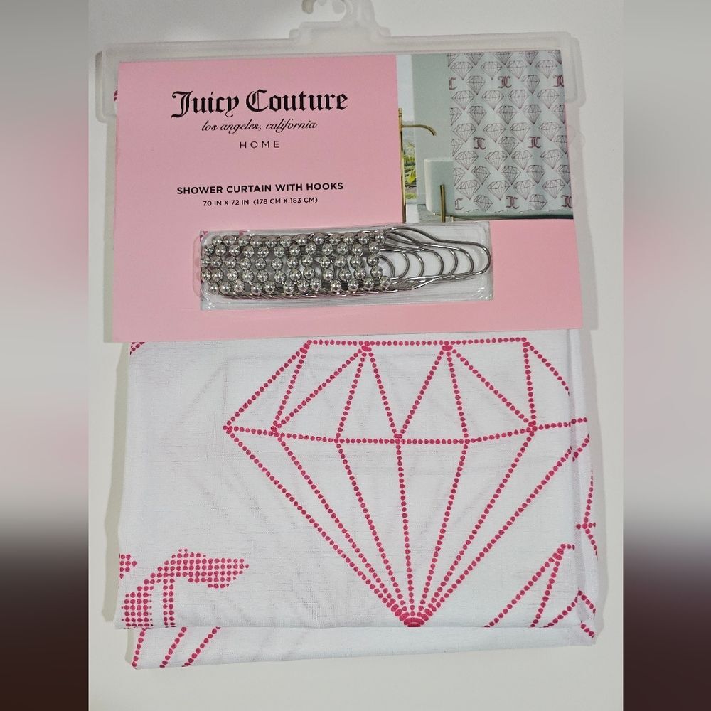 Juicy Couture White Shower Curtain with Pink Diamond Geometric Design New